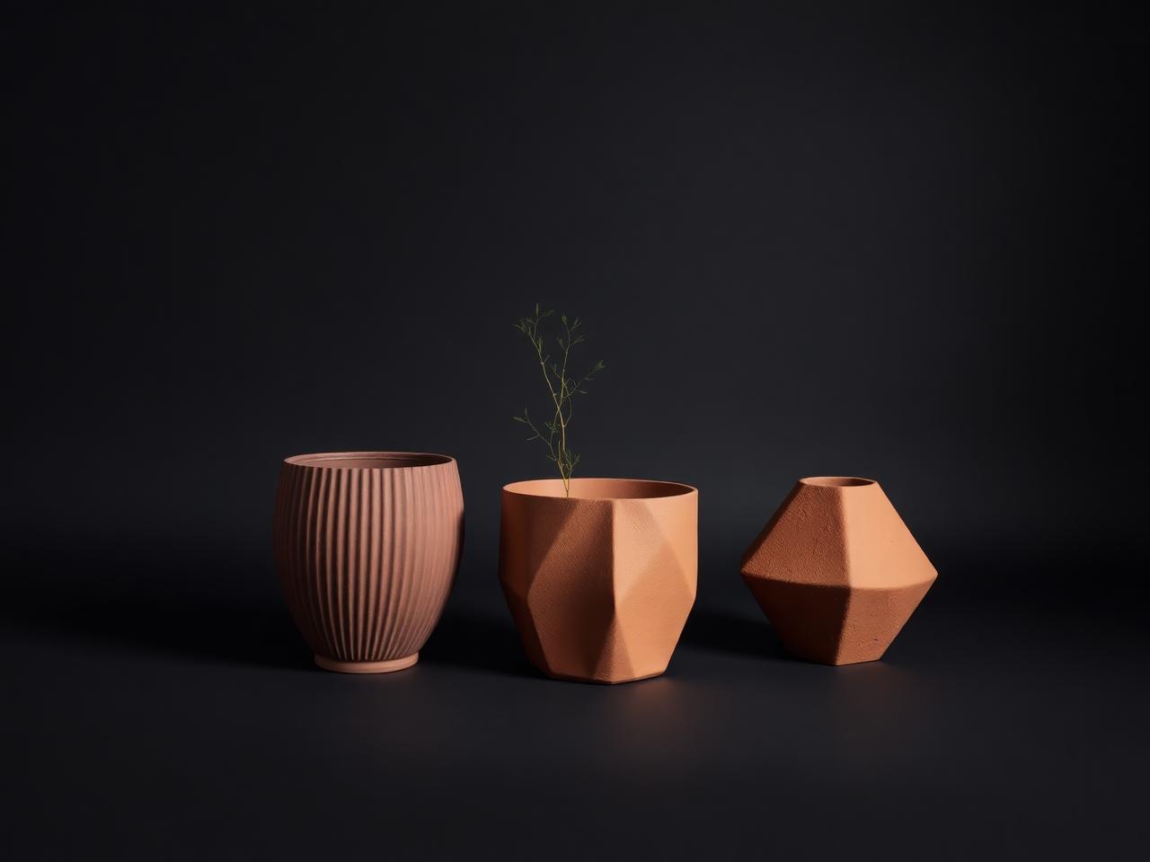 Three contemporary planters in rose, terracotta and clay on a dark background