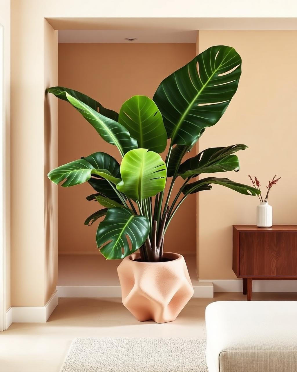 Monstera in a blush sculptural planter in a warm modern living room